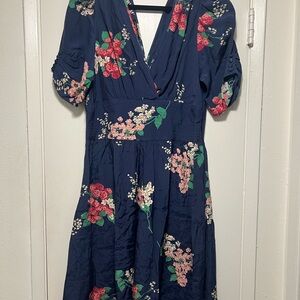 Blue and Red Puff Sleeve V-Neck Midi Sundress